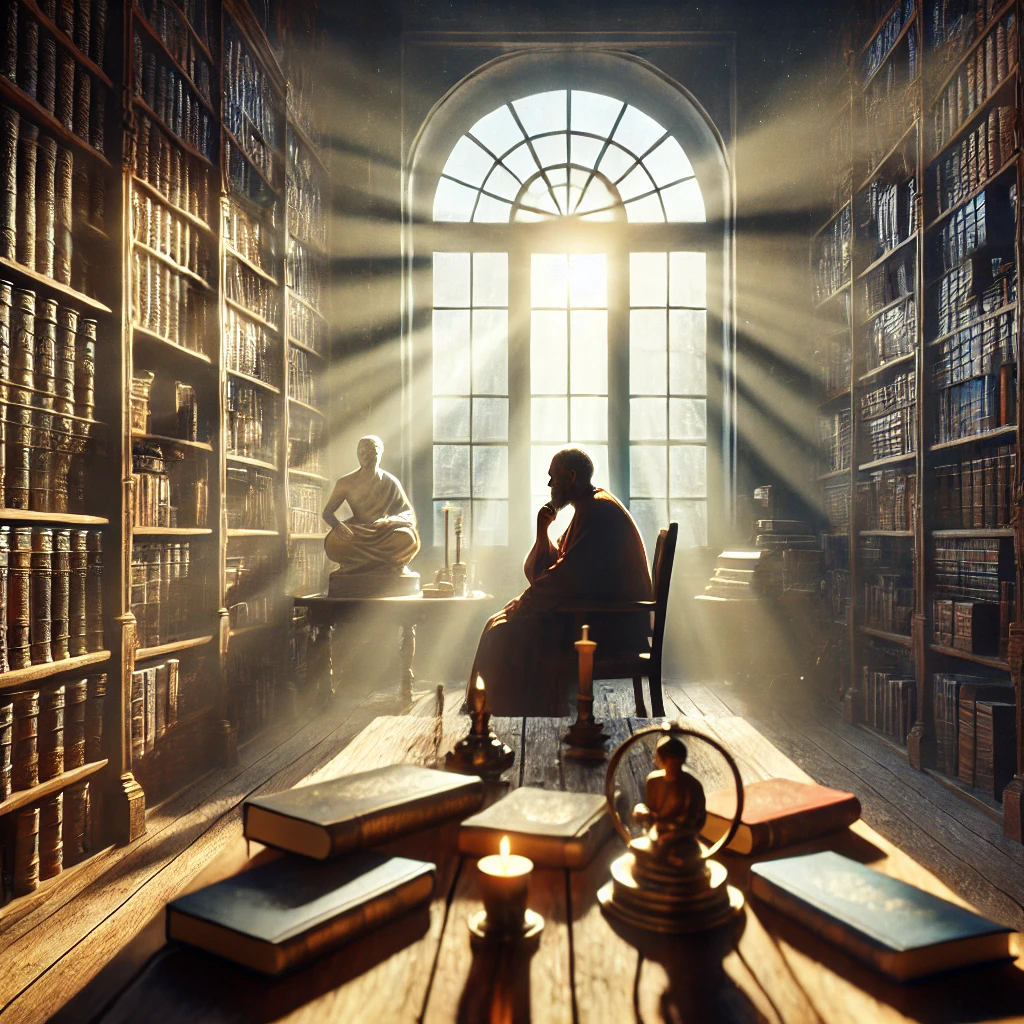 El Tema De La Filosofía, Mostrando Un Entorno Tranquilo Y Reflexivo En Una Biblioteca Con Libros Y Luz Natural