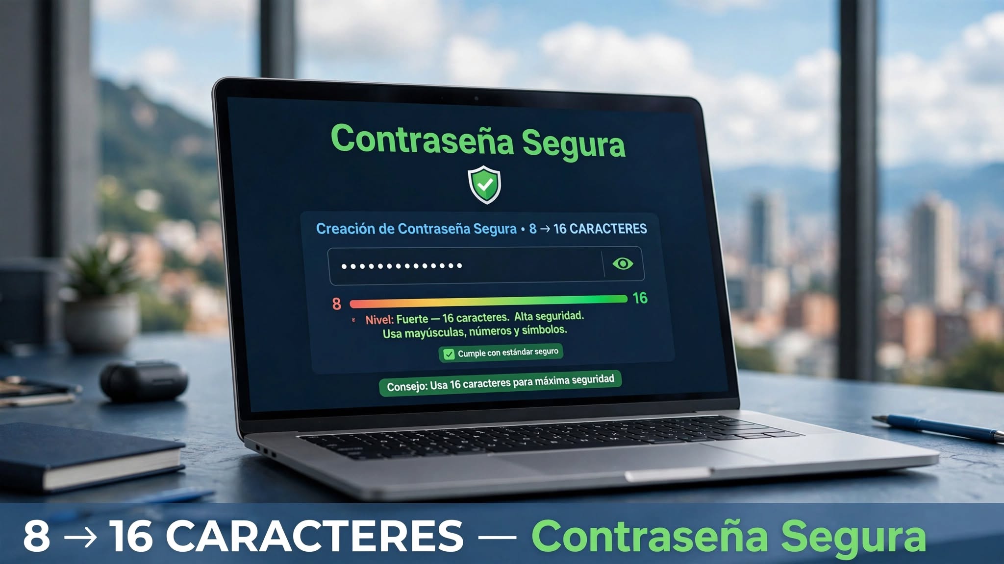 Cómo crear contraseña segura de 8 a 16 caracteres - medidor de seguridad fuerte en laptop