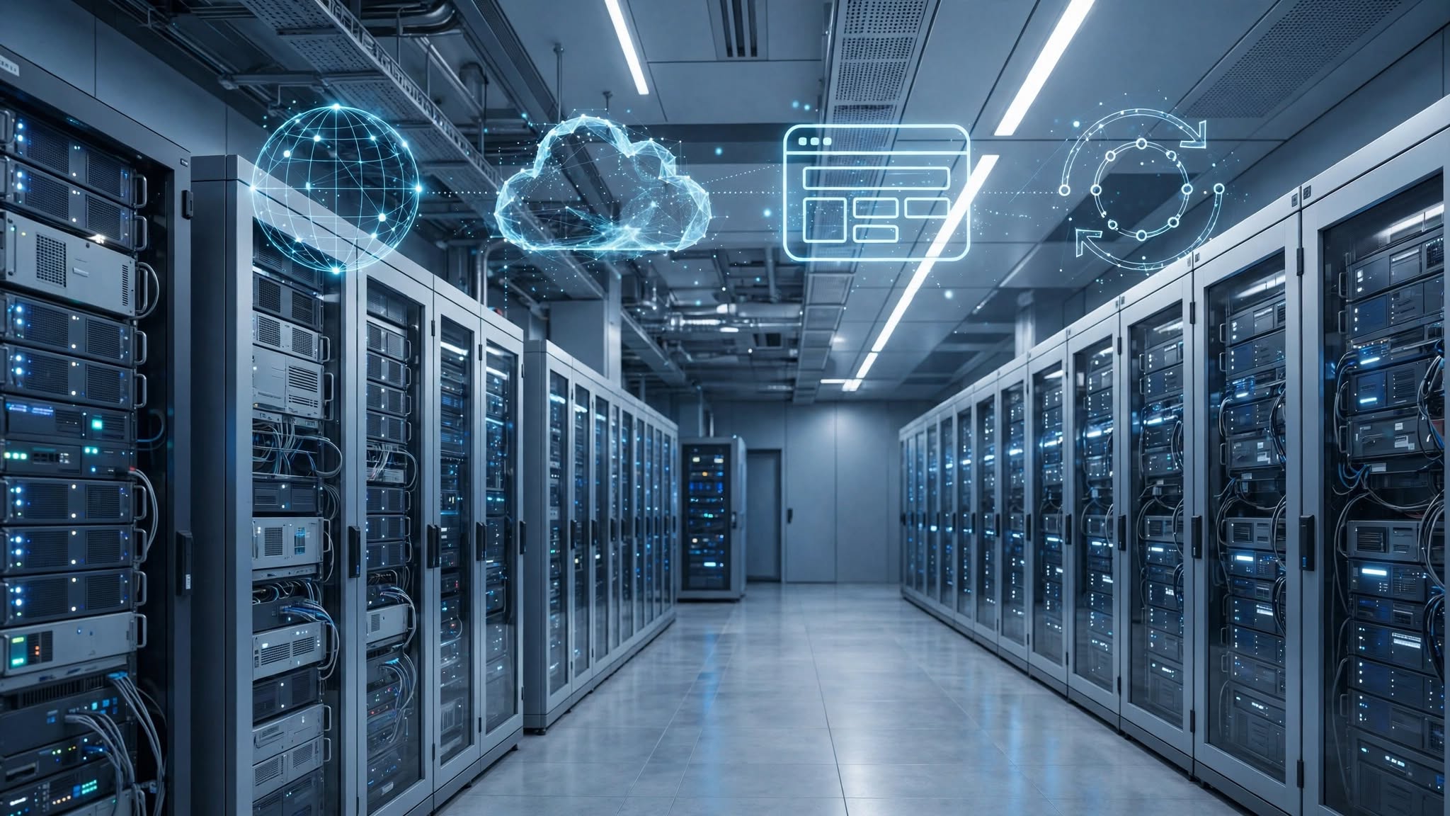 Qué es un servidor web y cómo funciona: data center moderno con servidores físicos que alojan sitios web en la nube