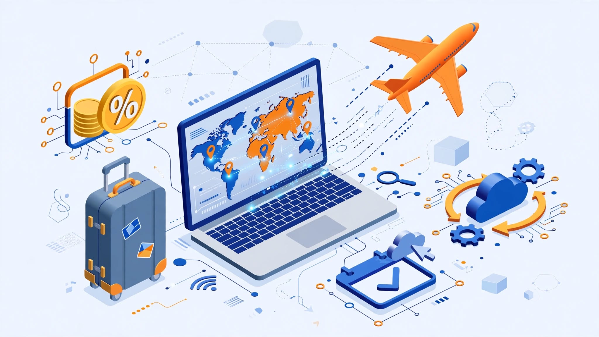 Ilustración isométrica de agencia de viajes digital mostrando laptop con mapa del mundo, avión, maleta y modelo de negocio con comisiones y reservas online; qué es una agencia de viajes