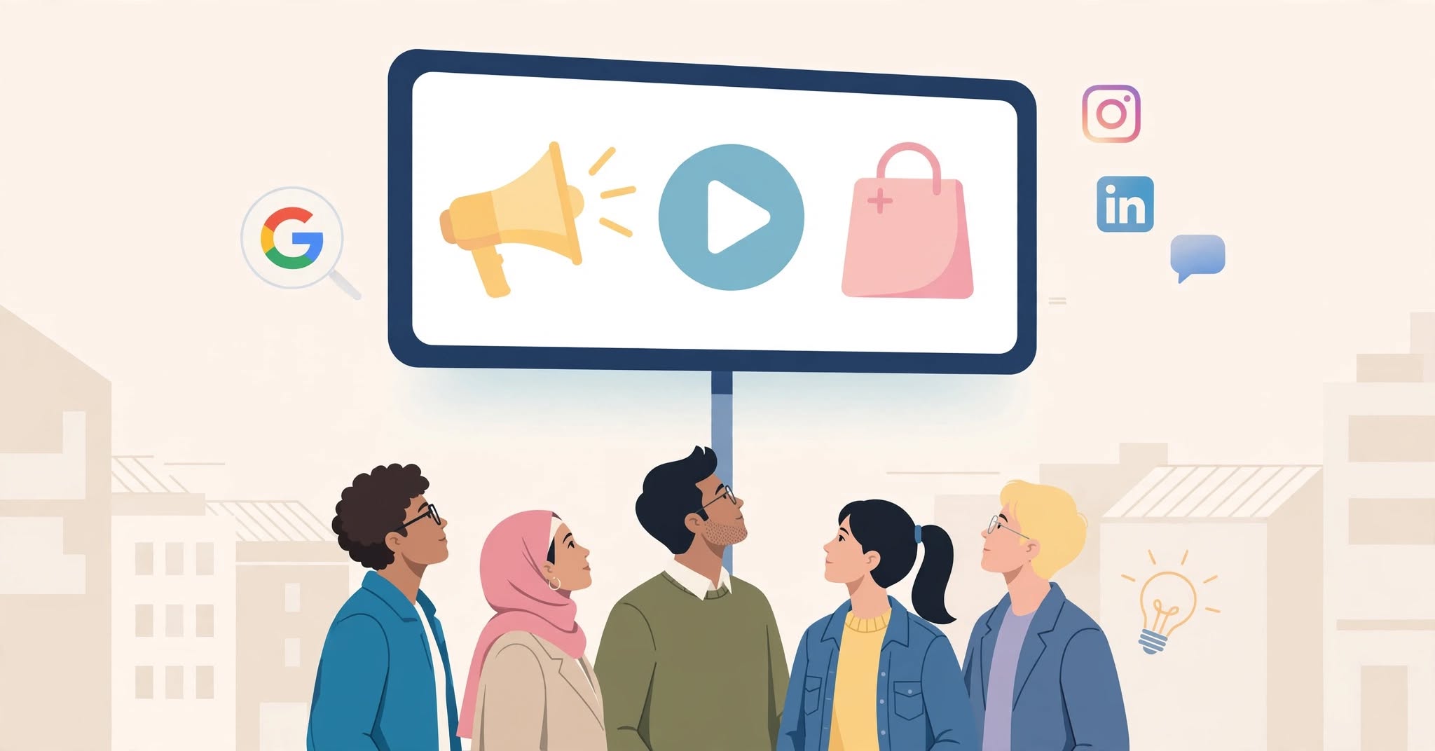 Significado de publicidad: definición según RAE y Kotler, concepto y ejemplos con personas viendo valla publicitaria digital