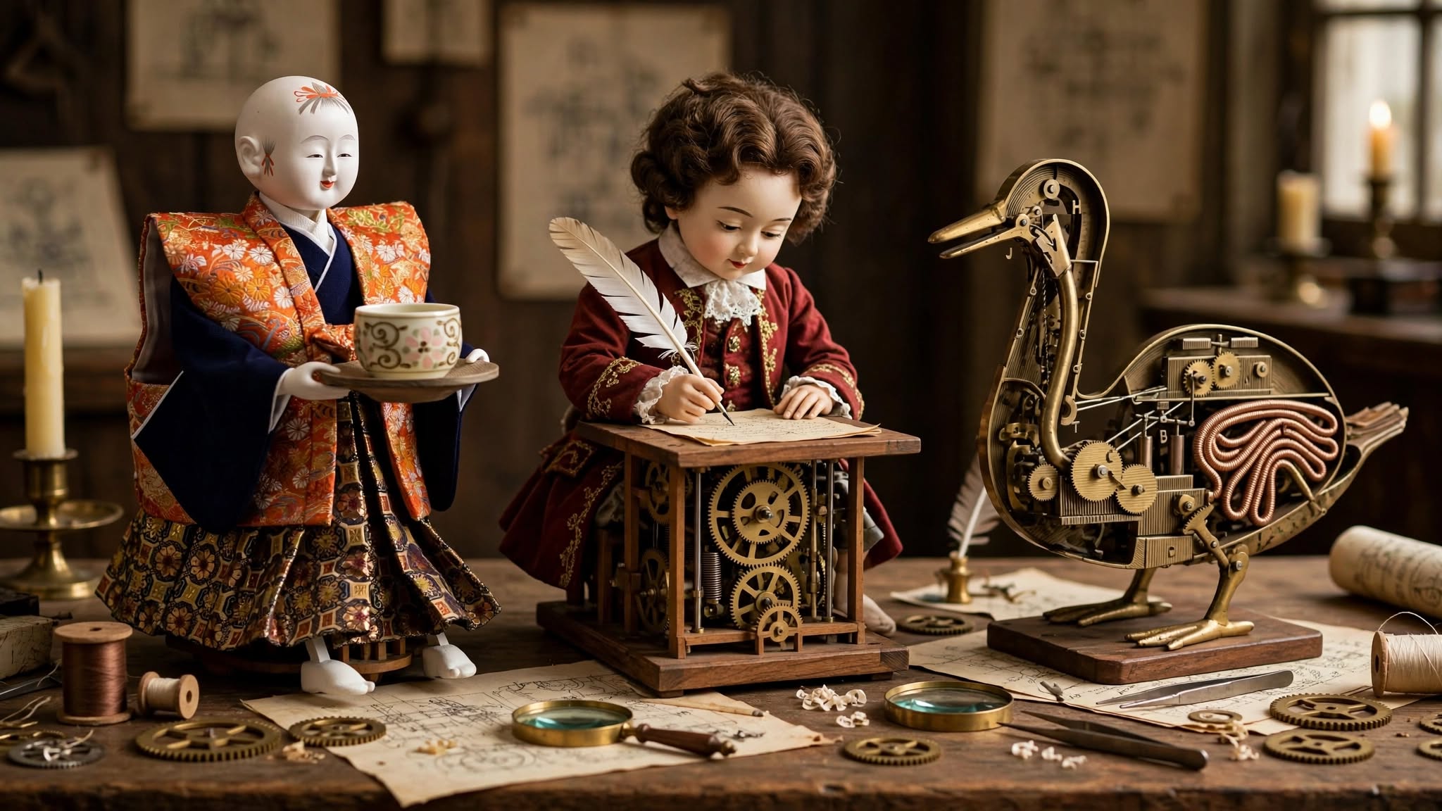 Autómatas del Siglo XVIII - Era dorada de la automatización mecánica con Karakuri Ningyo, androide de Jaquet-Droz y pato de Vaucanson