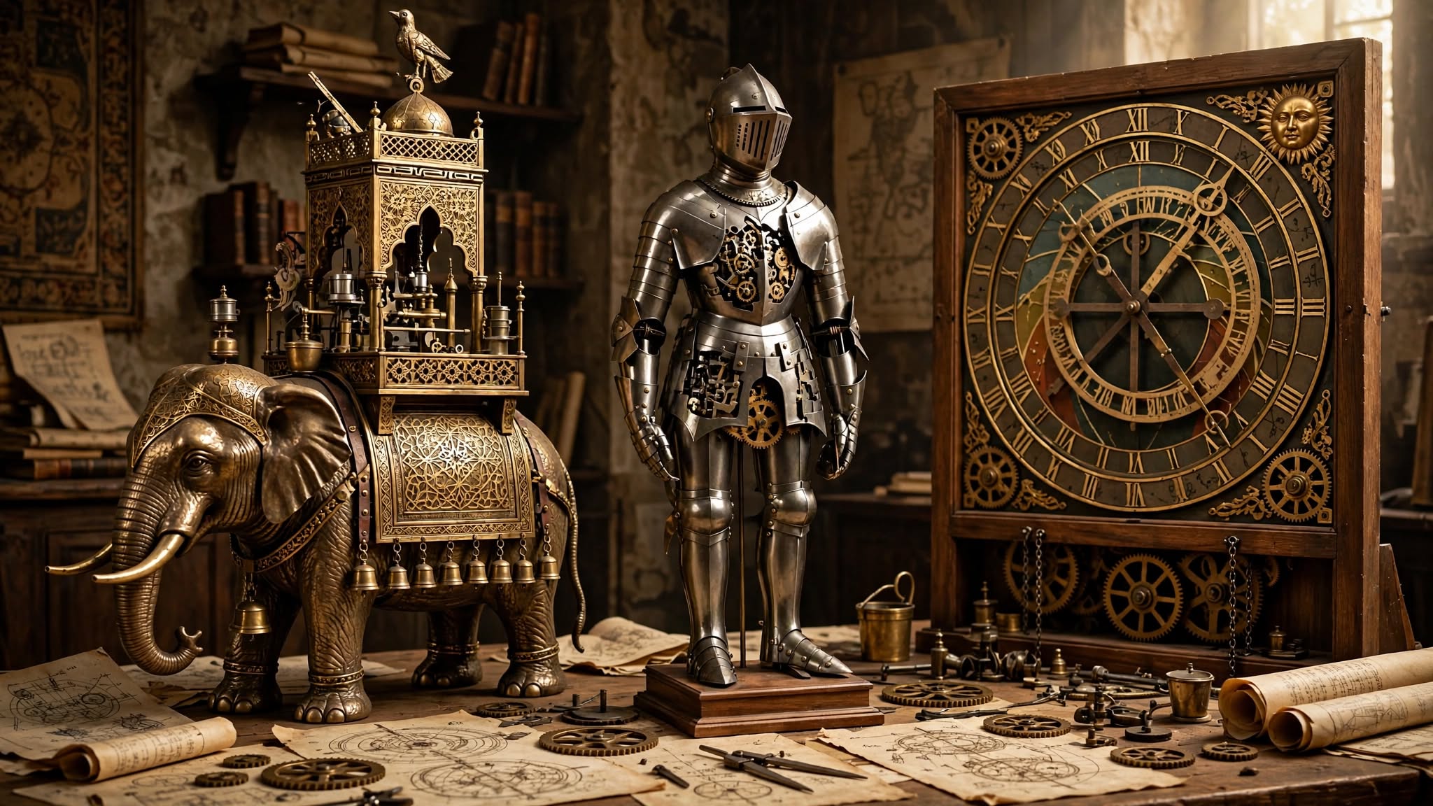 Reloj elefante de Al-Jazari, caballero mecánico de Leonardo da Vinci de 1495 y reloj astronómico medieval con engranajes de latón sobre planos técnicos antiguos. Autómatas Mecánicos: Del Legado Islámico al Renacimiento (1206-1700)